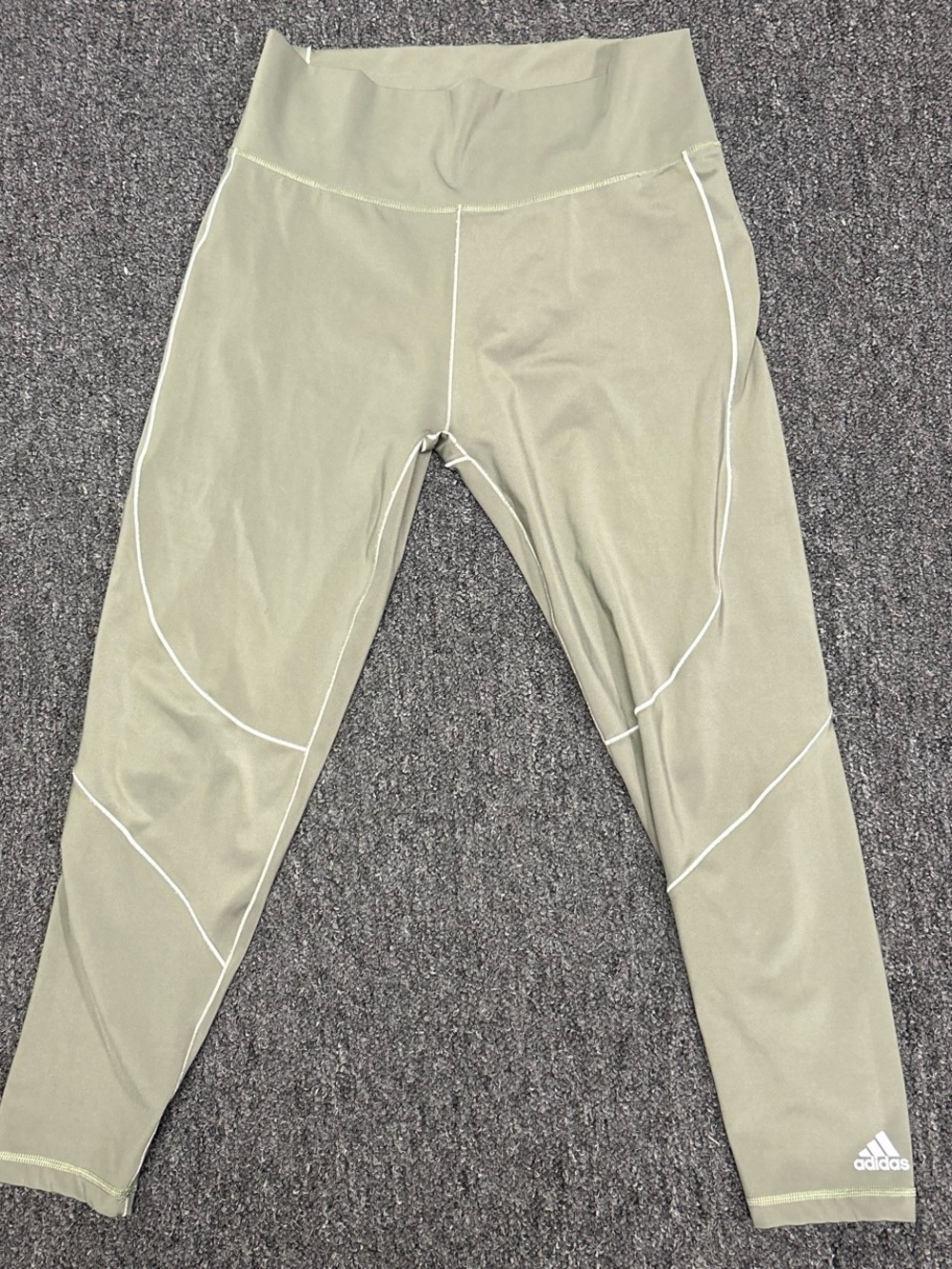 adidas Olive Green Women's High-Waist Leggings with White Piping